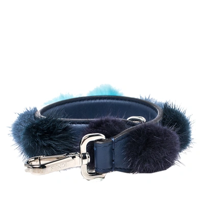 Pre-owned Fendi Blue Leather With Multicolor Mink Fur Pompoms Bag Strap