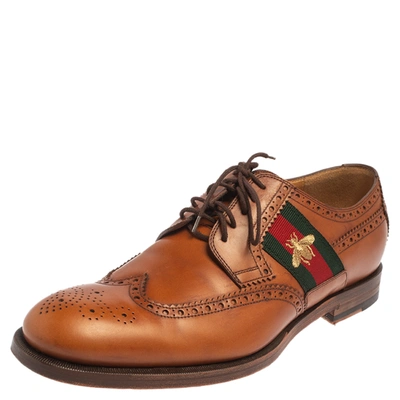 Pre-owned Gucci Tan Leather Bee Web Detail Lace Up Brogue Oxfords Size 44.5