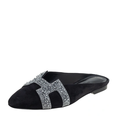 Pre-owned Hermes Black/silver Suede And Crystal Roxane Mules Size 37