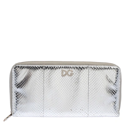 Pre-owned Dolce & Gabbana Silver Python Embossed Leather Zip Around Wallet