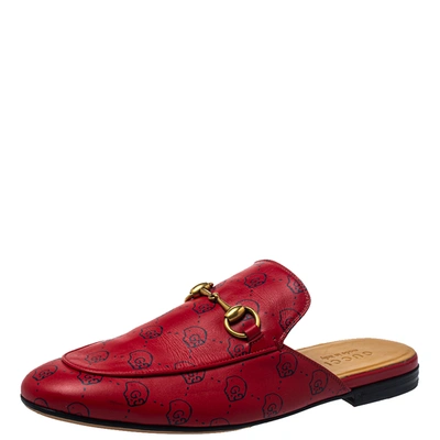 Pre-owned Gucci Red Gg Ghost Print Leather Princetown Horsebit Mules Size 41.5