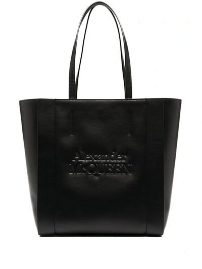 Shop Alexander Mcqueen Black Logo Embossed Tote Bag