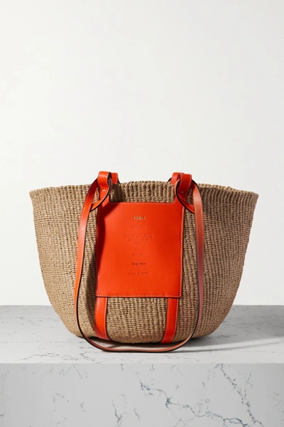 Shop Chloé +net Sustain Leather-trimmed Raffia Basket Bag In Orange