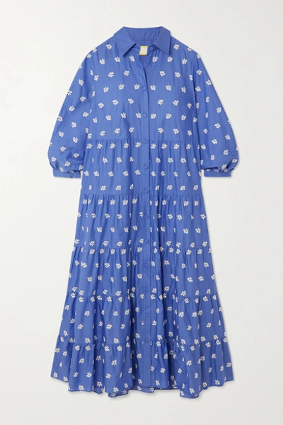 Shop Erdem Patmos Embroidered Tiered Cotton-blend Midi Shirt Dress In Blue