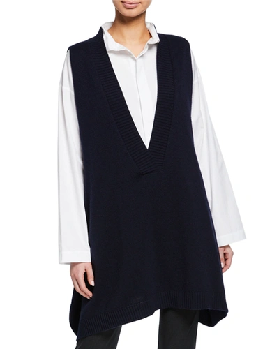 Shop Eskandar A-line Sleeveless Deep-v Long Cashmere Sweater In Navy Dark