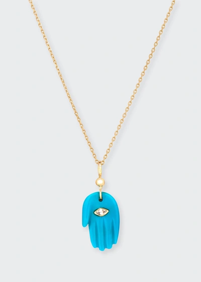 Shop Celine Daoust 14k Yellow Gold Baby Blue Turquoise Hand And Diamond Necklace
