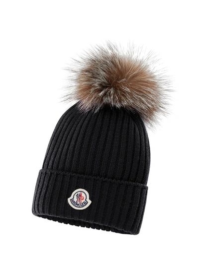 Shop Moncler Kid's Rib-knit Beanie Hat W/ Fur Pompom In 999 Black