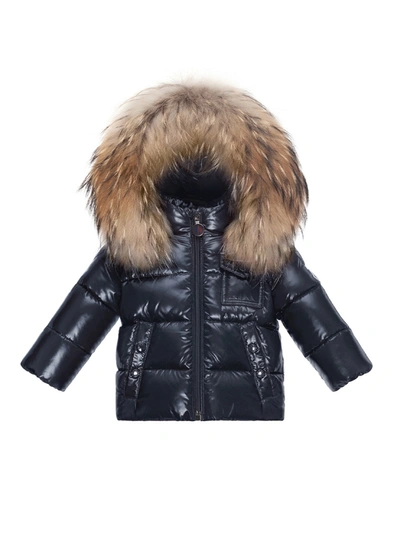 Shop Moncler Girl's Fur Hooded Quilted Jacket In 742 Navy