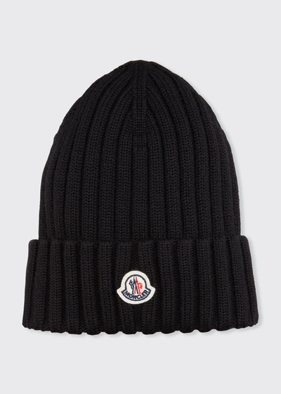 Shop Moncler Wool Ribbed Beanie In Dark Pink