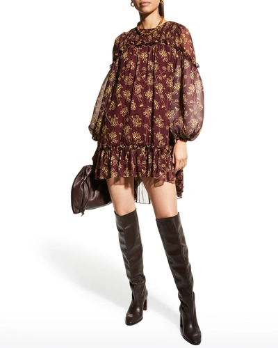 Shop Cinq À Sept Zola Puff-sleeve High-low Mini Dress In Merlot/starfruit