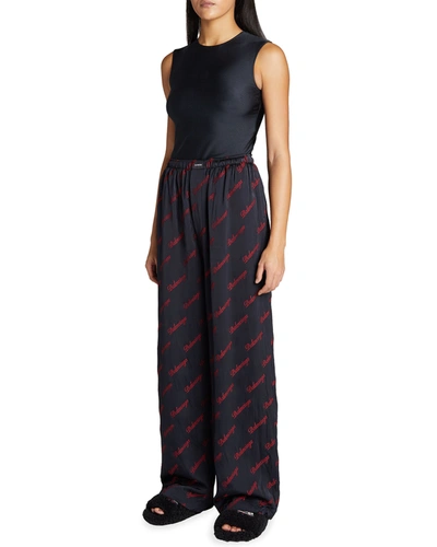 Shop Balenciaga Script Logo Jacquard Pajama Pants In Nero/rouge