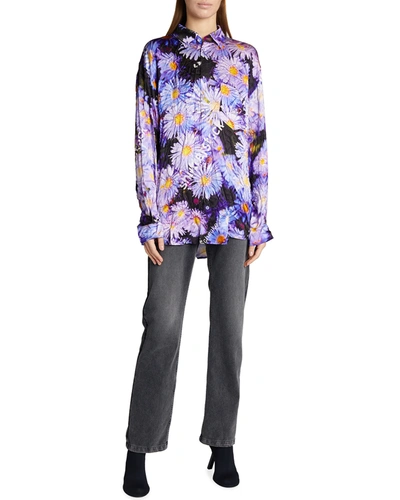 Shop Balenciaga Asters Floral Shutterstock-printed Silk Shirt In Purple