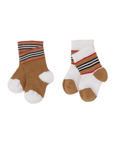 Shop Burberry Kid's 2-pack Icon Stripe Ribbed Socks In White Beige