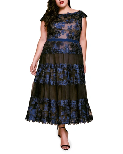 Shop Tadashi Shoji Plus Size Cap-sleeve Corded Lace Midi Dress In Navy/nude