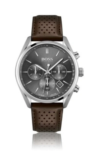 Shop Hugo Boss Chronograph Watch With Perforated Brown Leather Strap In Assorted-pre-pack