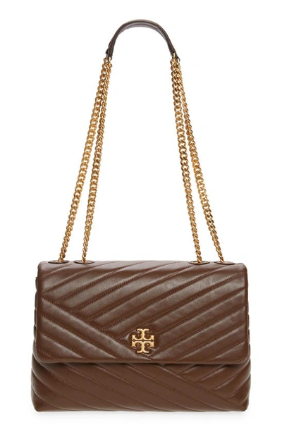 Shop Tory Burch Kira Chevron Leather Crossbody Bag In Fudge / 59 Rolled Brass