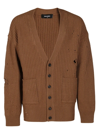 Shop Dsquared2 Distressed Buttoned Cardigan In Brown