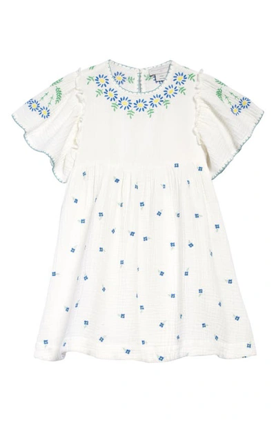 Shop Stella Mccartney Kids' Floral Embroidered Organic Cotton Gauze Dress In White Blue