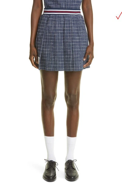 Shop Thom Browne Check Pleated Tweed Miniskirt In Navy