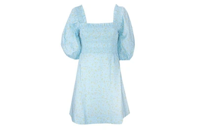 Shop Ganni Printed Poplin Mini Dress In Blue