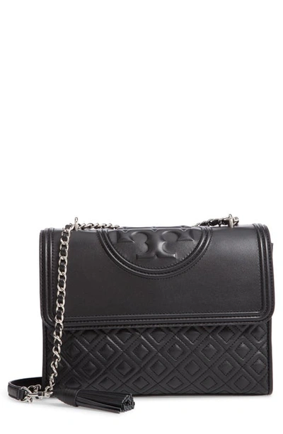 Shop Tory Burch Fleming Quilted Lambskin Leather Convertible Shoulder Bag In Black / Silver
