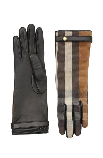 Shop Burberry Cashmere Lined Check & Leather Gloves In Birch Brown/ Black