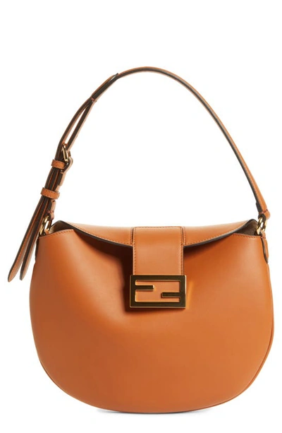 Shop Fendi Small Croissant Leather Hobo In Brandy