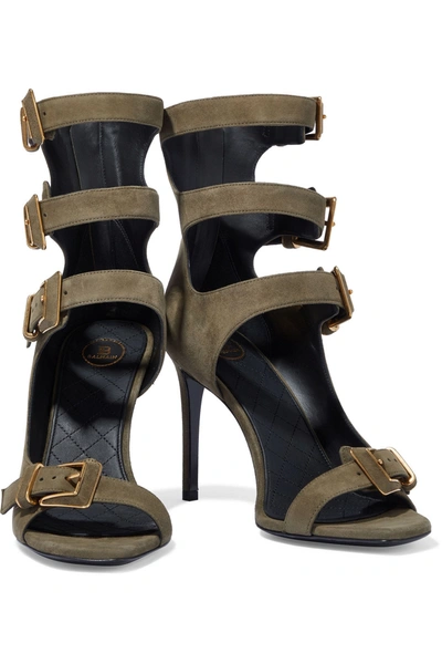 Shop Balmain Paige Buckled Suede Sandals In Army Green