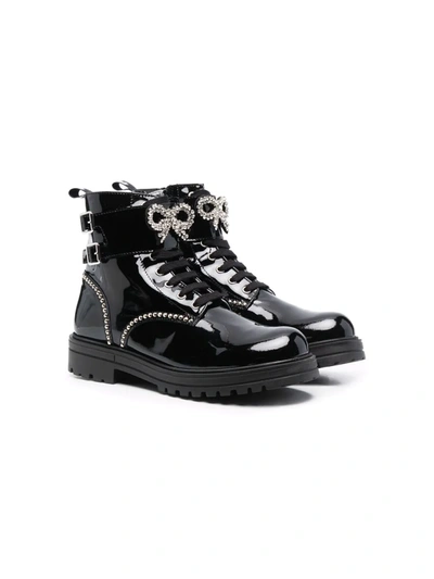 Shop Monnalisa Teen Crystal-embellished Patent Leather Ankle Boots In Black