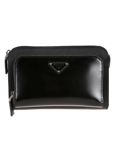 Shop Prada Logo Plaque Zip-around Shoulder Bag In Black