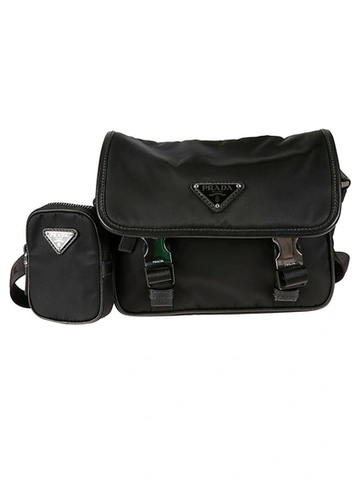Shop Prada Buckled Flap Logo Pouch Shoulder Bag In Black
