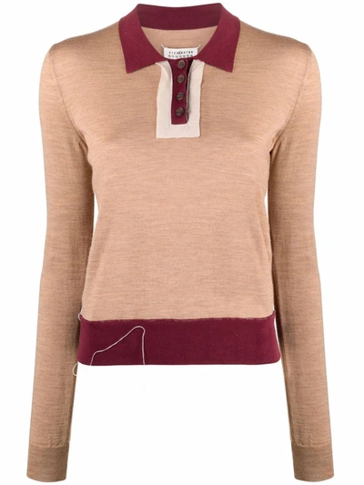 Shop Maison Margiela Fine-knit Long-sleeve Polo Shirt In Neutrals