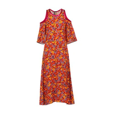 Shop Marni All-over Print Cold-shoulder Midi-dress In Carrot