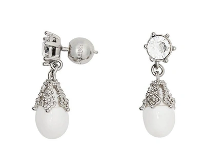 Shop Burberry Palladium-plated Faux Pearl Charm Earrings In White