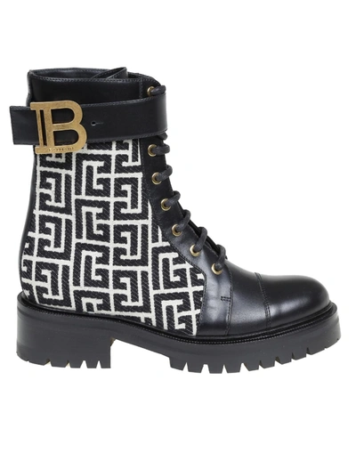 Shop Balmain Ranger Boot In Leather And Fabric With Monogram In Ivory/black