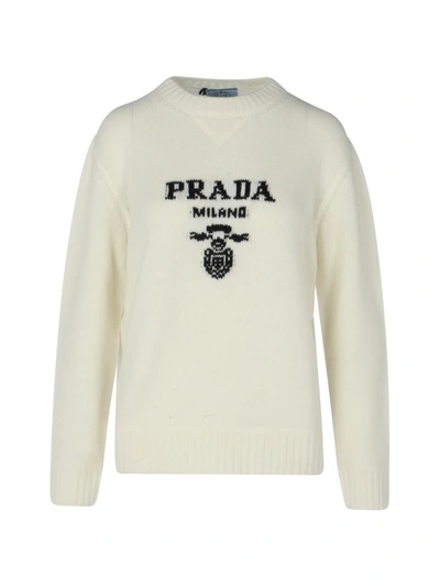 Shop Prada Cashmere Wool Crewneck Sweater In White