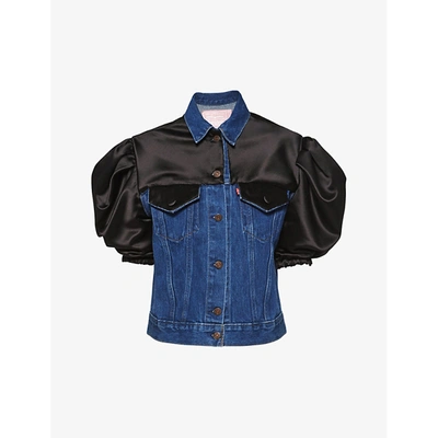Shop Miu Miu Upcycled By  X Levi's Puff-sleeved Satin And Denim Jacket In Navy