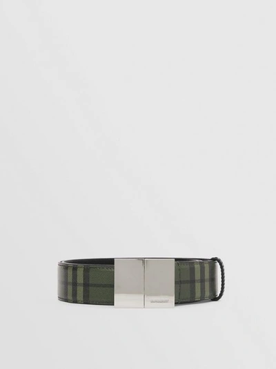 Shop Burberry Check Leather Belt In Military Green