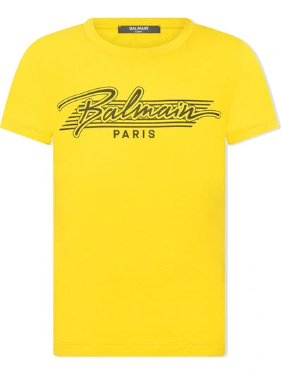 Shop Balmain Logo-print Cotton T-shirt In Yellow