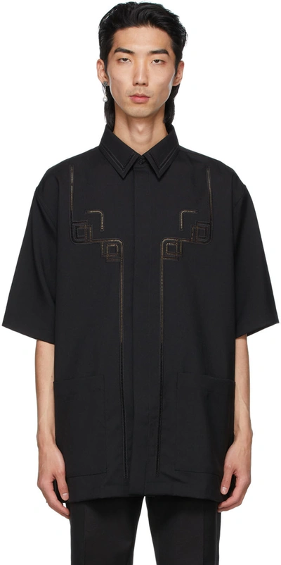 Shop Fendi Black Wool Embroidered Short Sleeve Shirt In F0qa1 Black