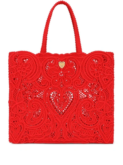 Shop Dolce & Gabbana Large Beatrice Cordonetto-lace Tote Bag In Red