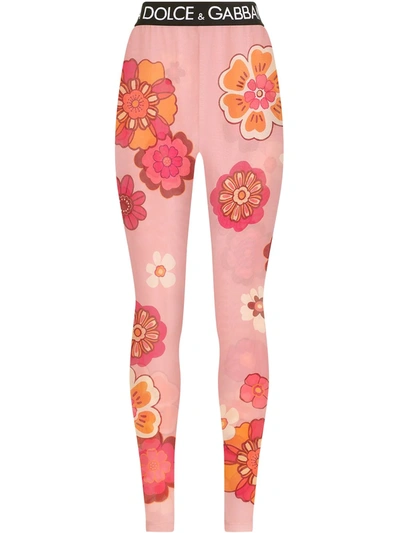Shop Dolce & Gabbana Floral-print Logo-waistband Leggings In Pink