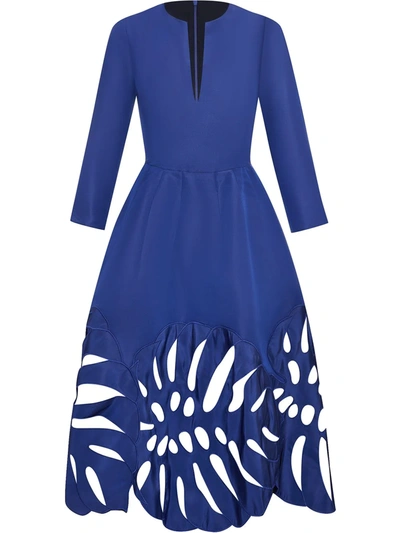 Shop Oscar De La Renta Leaf-embroidered A-line Dress In Blue