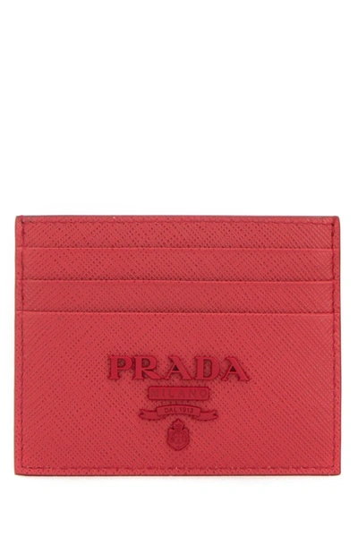 Shop Prada Logo Plaque Saffiano Cardholder In Red