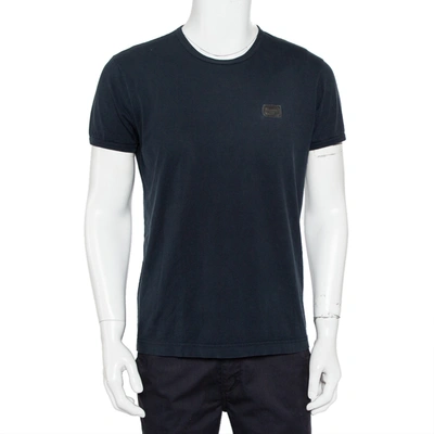 Pre-owned Dolce & Gabbana Navy Blue Cotton Logo Patch Detail Crewneck T-shirt L