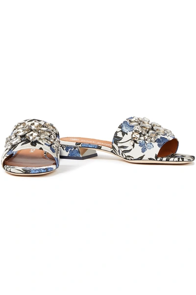 Shop Tory Burch Crystal-embellished Brocade Mules In Blue