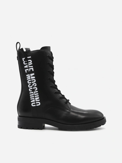 Shop Love Moschino Leather Ankle Boots With Contrasting Logo Band In Black