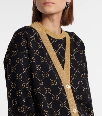 Gucci Womens Blue/gold Monogram-pattern Ribbed-trim Cotton-blend Knitted Cardigan In Blue