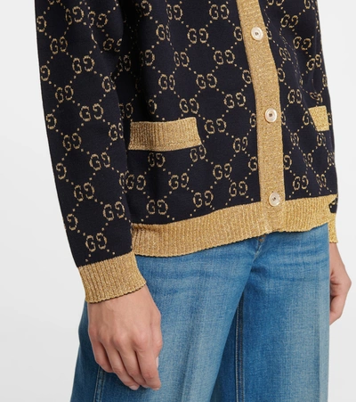 Gucci Womens Blue/gold Monogram-pattern Ribbed-trim Cotton-blend Knitted Cardigan In Blue