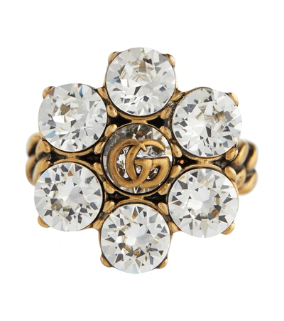 Shop Gucci Double G Floral Embellished Ring In Gold